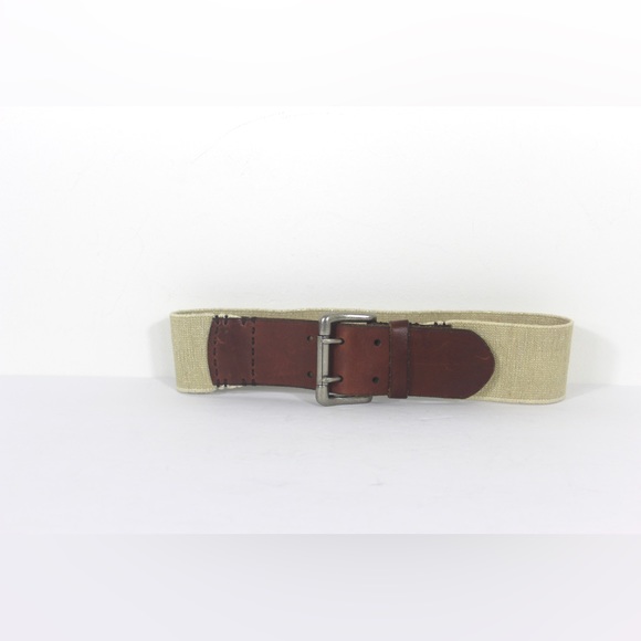 Wide Sparkly Beige Stretch Belt with Cognac Brown Leather Ends and Silver Buckle - Picture 4 of 8